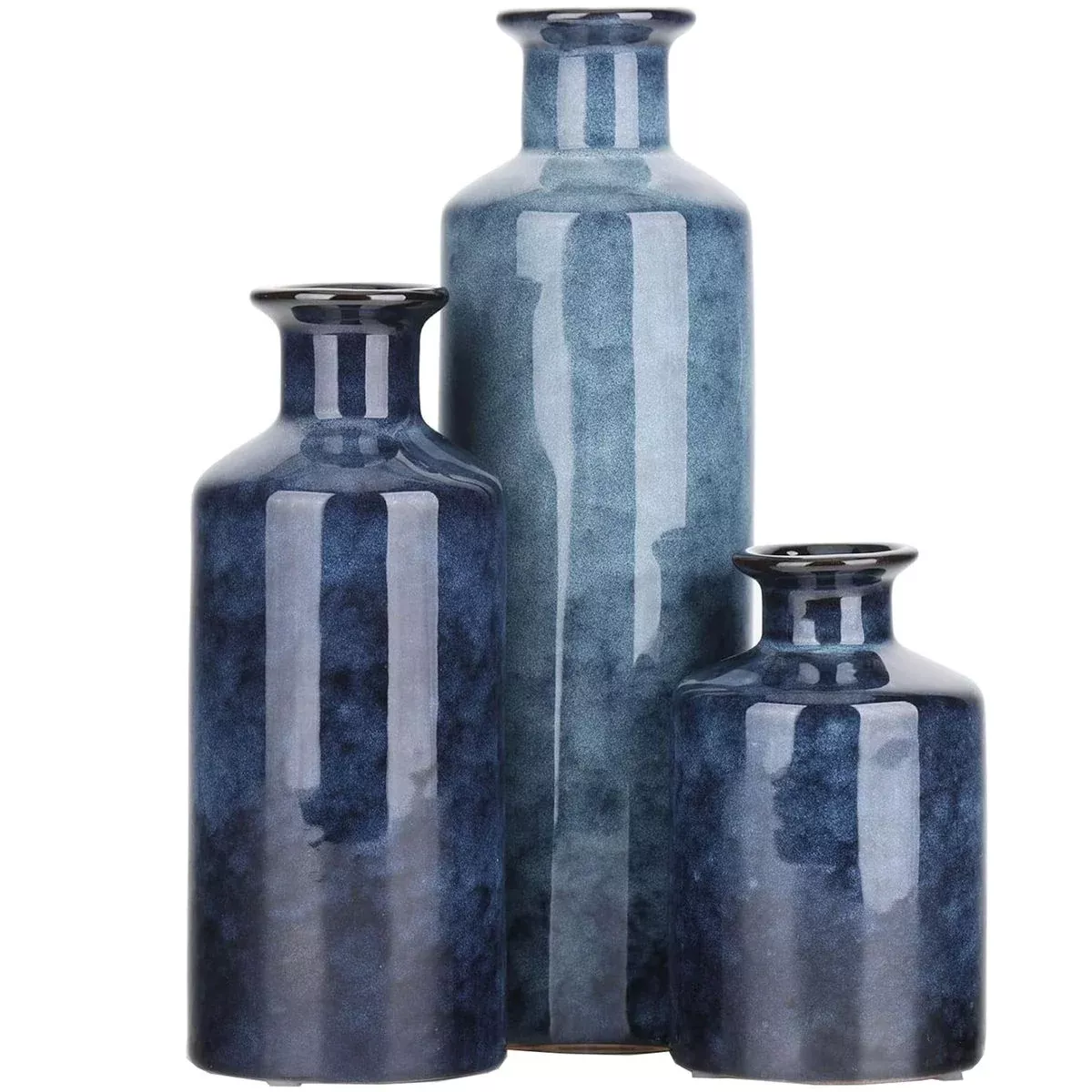 - Blue Ceramic Vase Set - Decorative Farmhouse Vase - 3 Piece Set